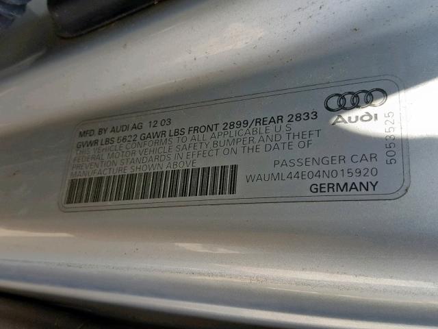 WAUML44E04N015920 - 2004 AUDI A8 L QUATT SILVER photo 10