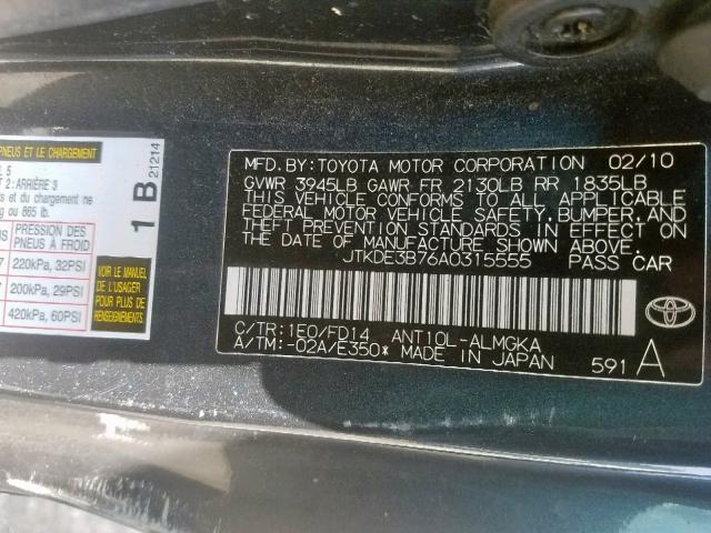 JTKDE3B76A0315555 - 2010 TOYOTA SCION TC ლურჯი ფოტო 10