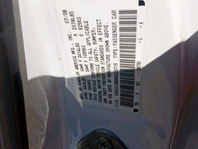 1HGCS12898A029715 - 2008 HONDA ACCORD EXL WHITE photo 10