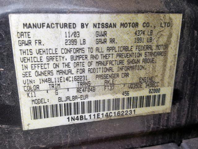 1N4BL11E14C162231 - 2004 NISSAN ALTIMA SE GRAY photo 10