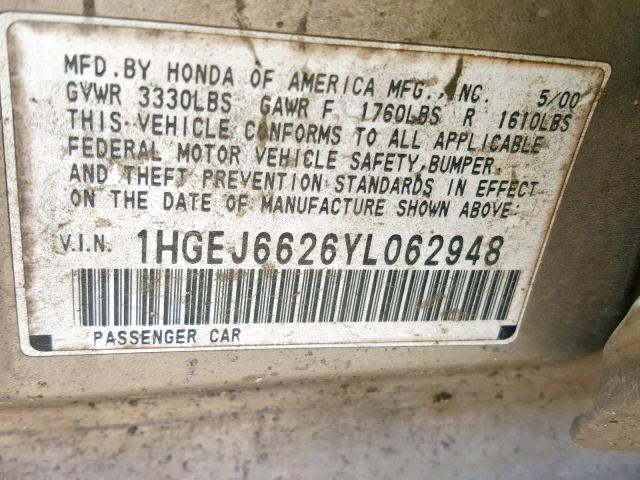 1HGEJ6626YL062948 - 2000 HONDA CIVIC DX CREAM photo 10