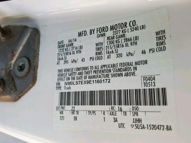 NM0LS7EX9E1160172 - 2014 FORD TRANSIT CO WHITE photo 10