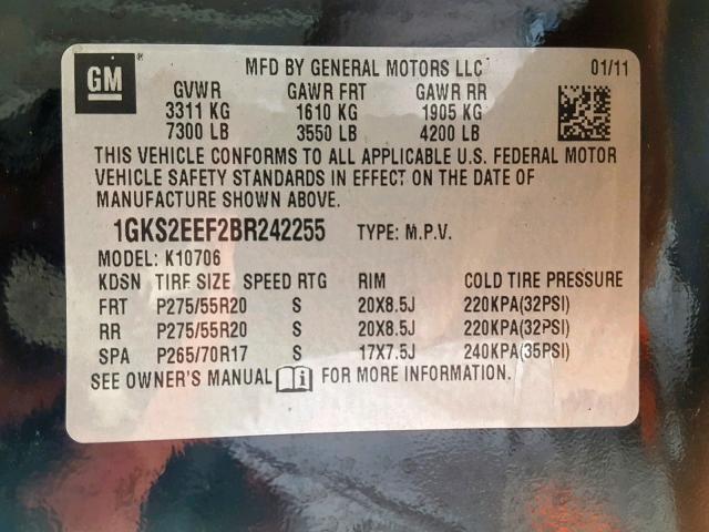 1GKS2EEF2BR242255 - 2011 GMC YUKON DENA BLACK photo 10