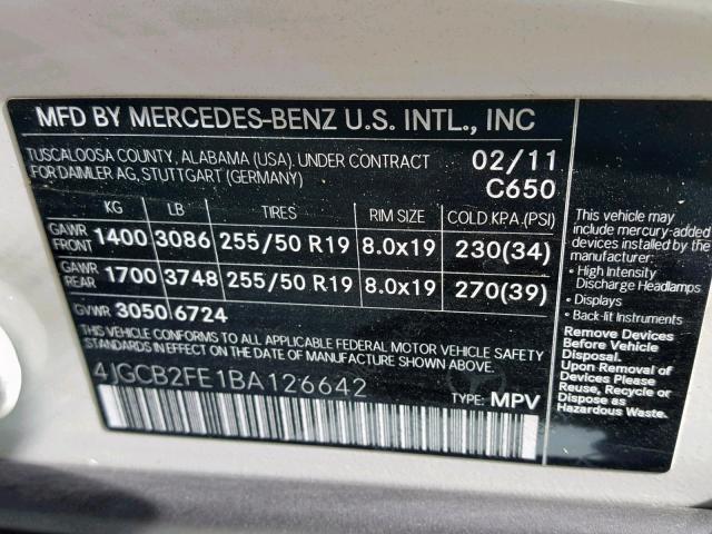 4JGCB2FE1BA126642 - 2011 MERCEDES-BENZ R 350 BLUE WHITE photo 10