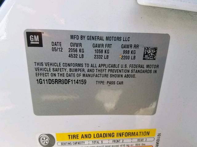 1G11D5RR9DF114159 - 2013 CHEVROLET MALIBU 1LT 白色 照片 10