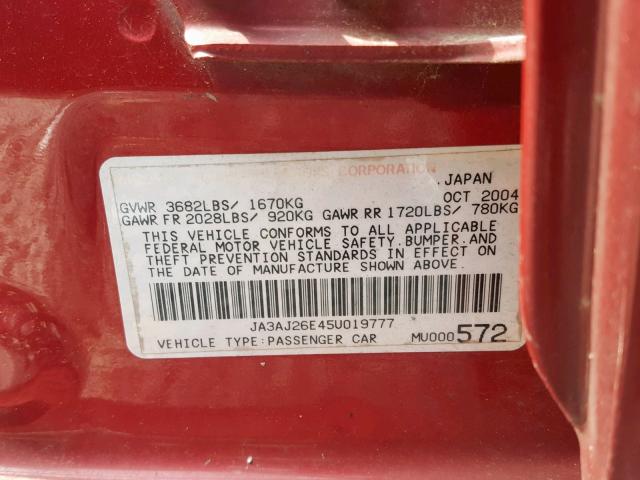 JA3AJ26E45U019777 - 2005 MITSUBISHI LANCER ES BURGUNDY photo 10