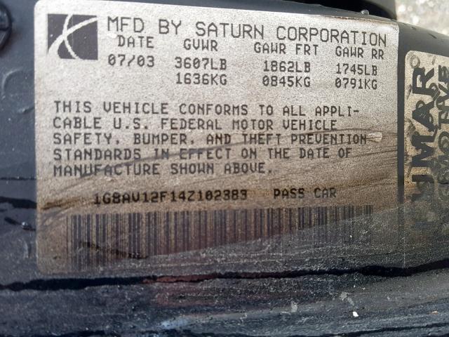 1G8AV12F14Z102383 - 2004 SATURN ION LEVEL BLACK photo 10