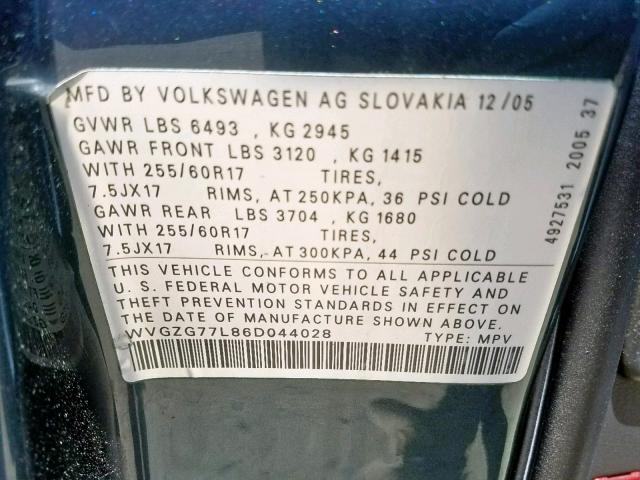 WVGZG77L86D044028 - 2006 VOLKSWAGEN TOUAREG 3. BLUE photo 10