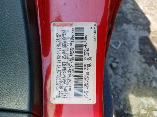 JTDDR32T730165452 - 2003 TOYOTA CELICA GT RED photo 10