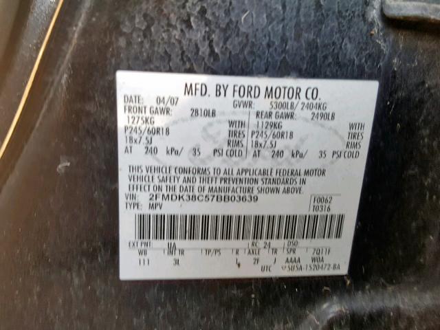 2FMDK38C57BB03639 - 2007 FORD EDGE SEL BLACK photo 10