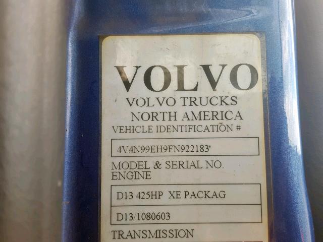 4V4N99EH9FN922183 - 2015 VOLVO VN VNL BLUE photo 10