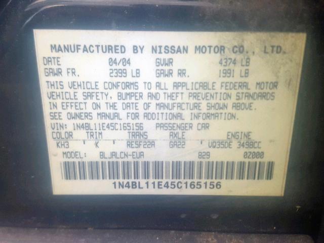 1N4BL11E45C165156 - 2005 NISSAN ALTIMA SE BLACK photo 10