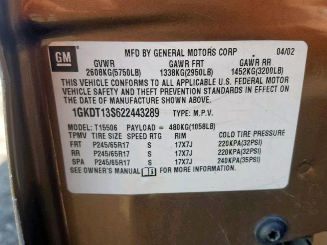 1GKDT13S622443289 - 2002 GMC ENVOY TAN photo 10