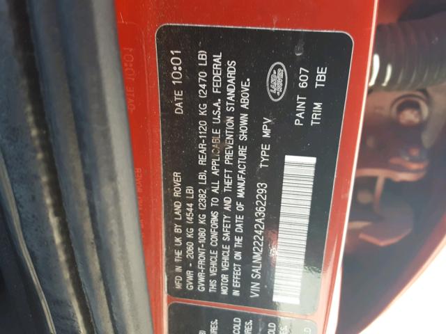 SALNM22242A362293 - 2002 LAND ROVER FREELANDER RED photo 10