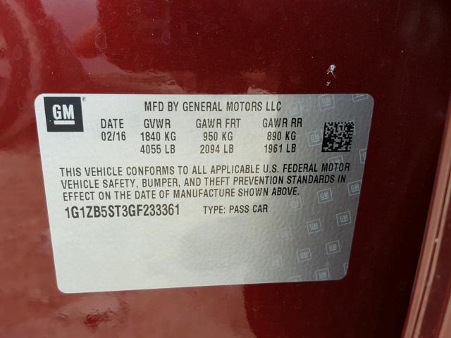 1G1ZB5ST3GF233361 - 2016 CHEVROLET MALIBU LS 栗色 照片 10