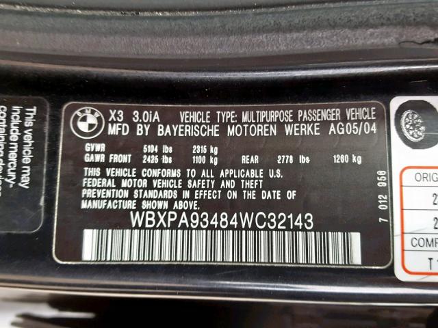 WBXPA93484WC32143 - 2004 BMW X3 3.0I BLACK photo 10