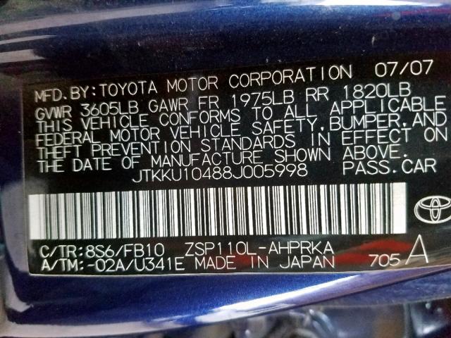 JTKKU10488J005998 - 2008 SCION XD BLUE photo 10