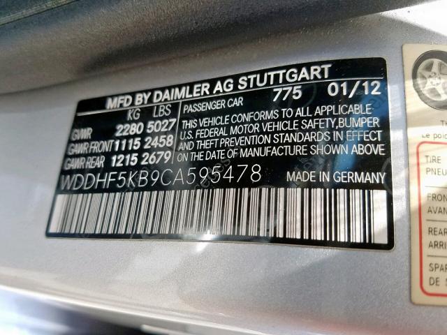 WDDHF5KB9CA595478 - 2012 MERCEDES-BENZ E 350 SILVER photo 10