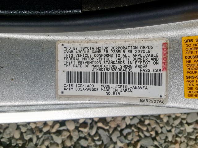 JTHBD192320064039 - 2002 LEXUS IS 300 SILVER photo 10