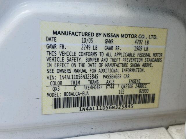 1N4AL11D56N325845 - 2006 NISSAN ALTIMA S WHITE photo 10