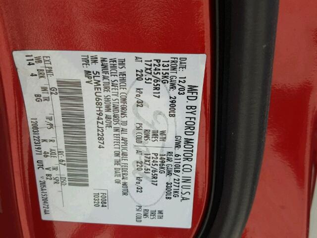 5LMEU68H94ZJ22874 - 2004 LINCOLN AVIATOR 红色 照片 10