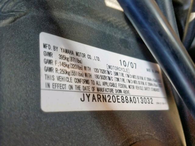 JYARN20E88A013032 - 2008 YAMAHA YZFR1 BLACK photo 10