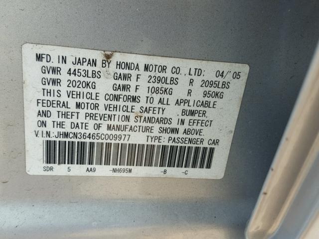 JHMCN36465C009977 - 2005 HONDA ACCORD HYB SILVER photo 10