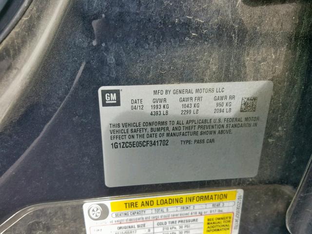 1G1ZC5E05CF341702 - 2012 CHEVROLET MALIBU 1LT 黑色 照片 10