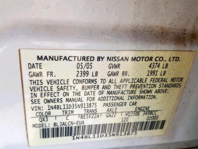 1N4BL11D35N913875 - 2005 NISSAN ALTIMA SE WHITE photo 10