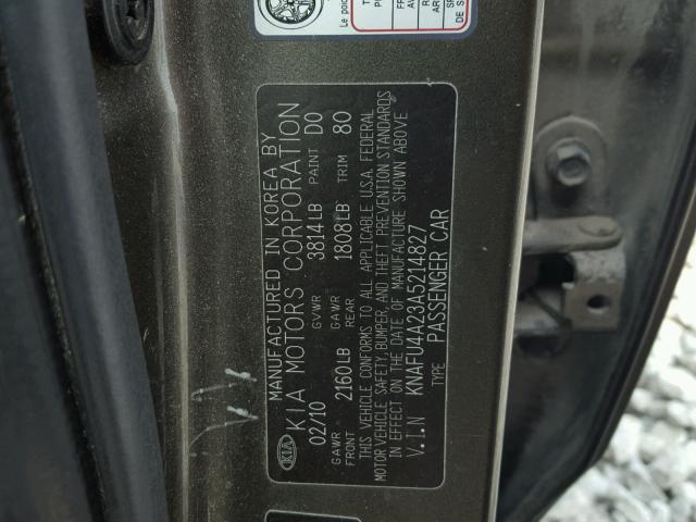 KNAFU4A23A5214827 - 2010 KIA FORTE EX GRAY photo 10