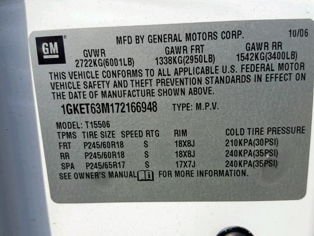 1GKET63M172166948 - 2007 GMC ENVOY DENA WHITE photo 10