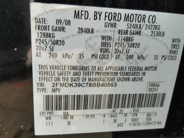 2FMDK39C78BB40563 - 2008 FORD EDGE LIMIT BLACK photo 10