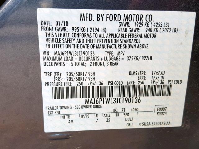 MAJ6P1WL3JC190136 - 2018 FORD ECOSPORT T GRAY photo 10