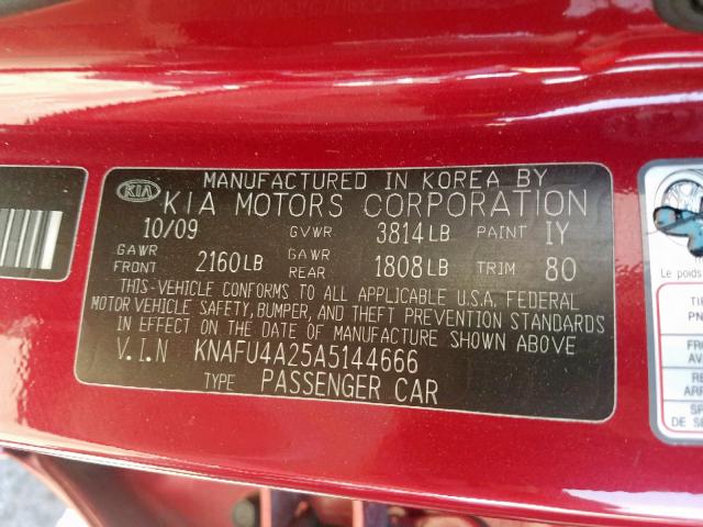 KNAFU4A25A5144666 - 2010 KIA FORTE EX RED photo 10