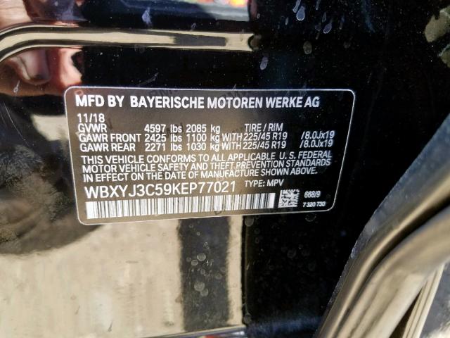 WBXYJ3C59KEP77021 - 2019 BMW X2 SDRIVE2 BLACK photo 10