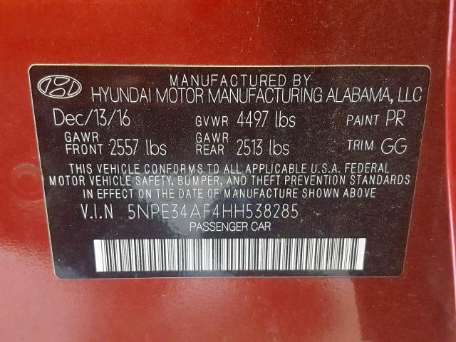 5NPE34AF4HH538285 - 2017 HYUNDAI SONATA SPO RED photo 10