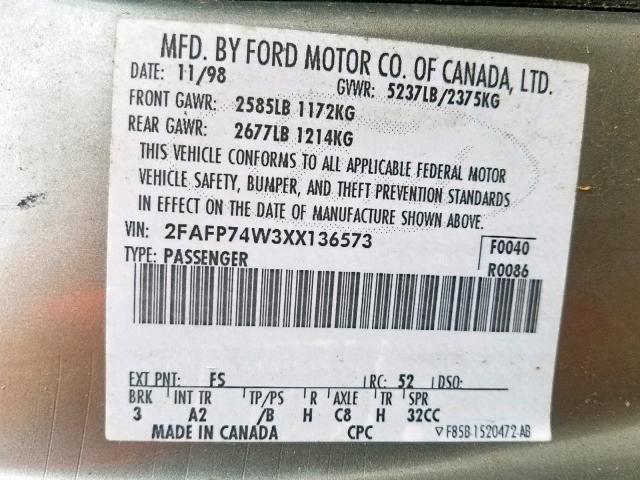 2FAFP74W3XX136573 - 1999 FORD CROWN VICT GREEN photo 10