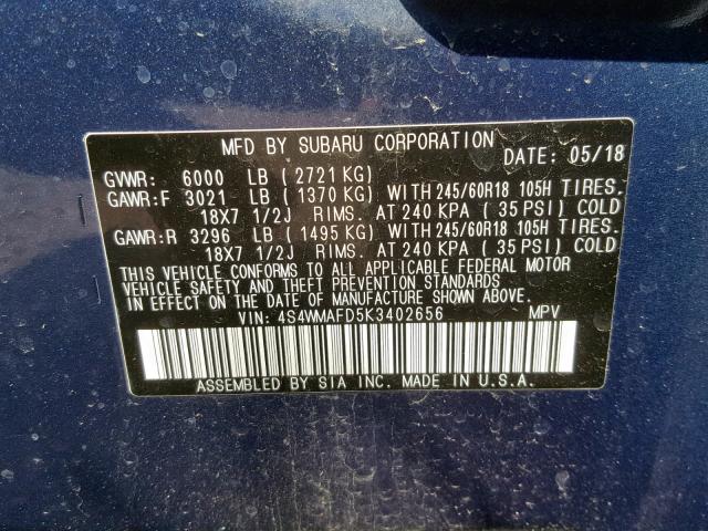 4S4WMAFD5K3402656 - 2019 SUBARU ASCENT PRE BLUE photo 10