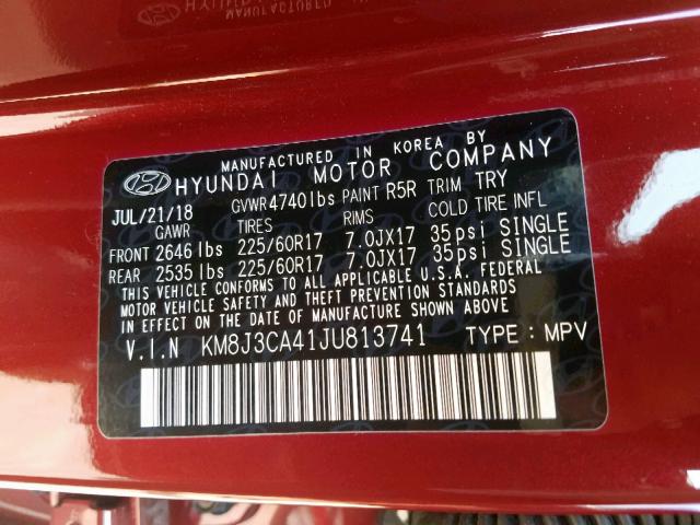 KM8J3CA41JU813741 - 2018 HYUNDAI TUCSON SEL RED photo 10