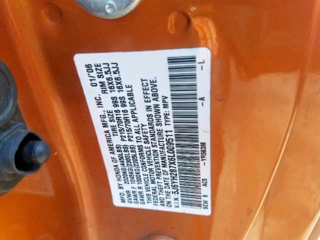 5J6YH287X6L009511 - 2006 HONDA ELEMENT EX ORANGE photo 10