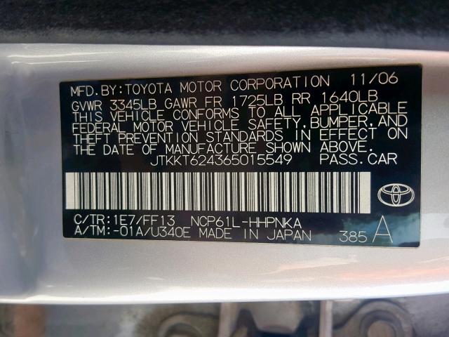 JTKKT624365015549 - 2006 TOYOTA SCION XA SILVER photo 10