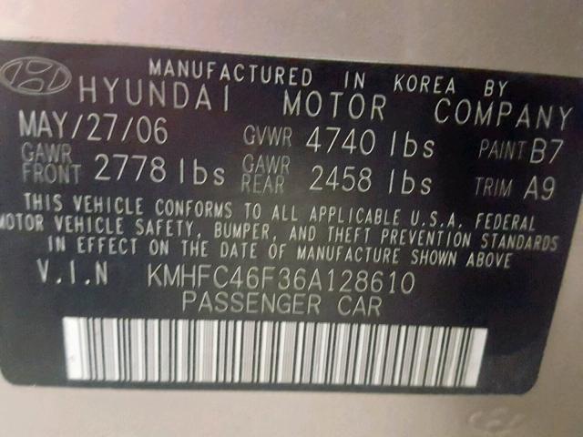 KMHFC46F36A128610 - 2006 HYUNDAI AZERA SE CREAM photo 10