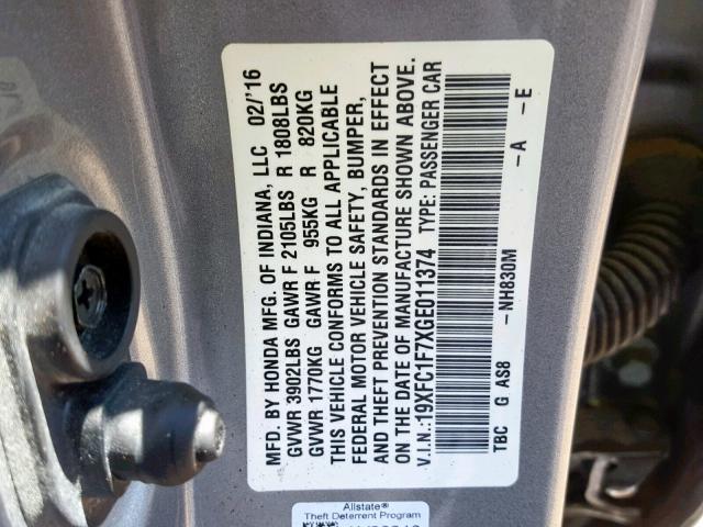 19XFC1F7XGE011374 - 2016 HONDA CIVIC EXL 银色 照片 10
