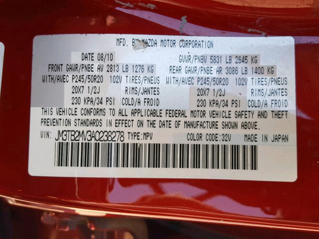 JM3TB2MV3A0238278 - 2010 MAZDA CX-9 RED photo 10