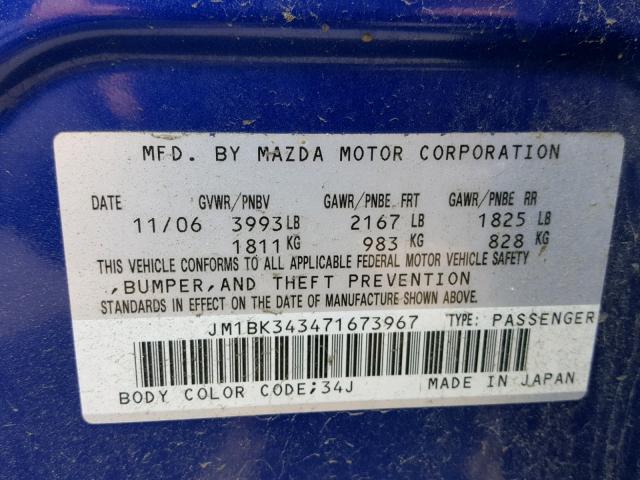 JM1BK343471673967 - 2007 MAZDA 3 HATCHBAC BLUE photo 10