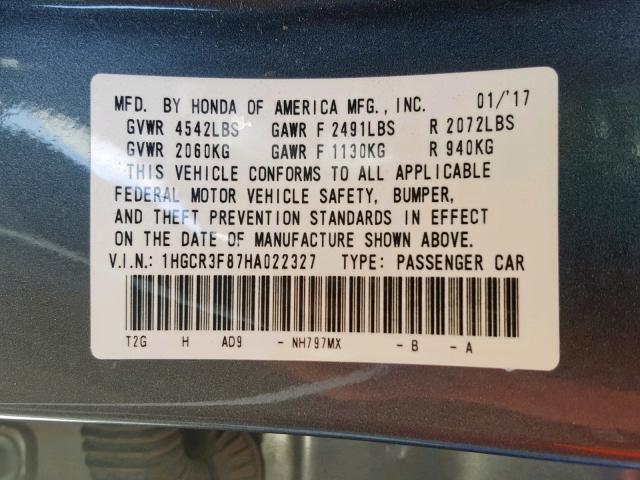 1HGCR3F87HA022327 - 2017 HONDA ACCORD EXL GRAY photo 10