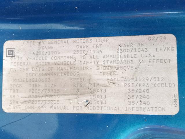 1GCCS1444RK148809 - 1994 CHEVROLET S TRUCK S1 BLUE photo 10