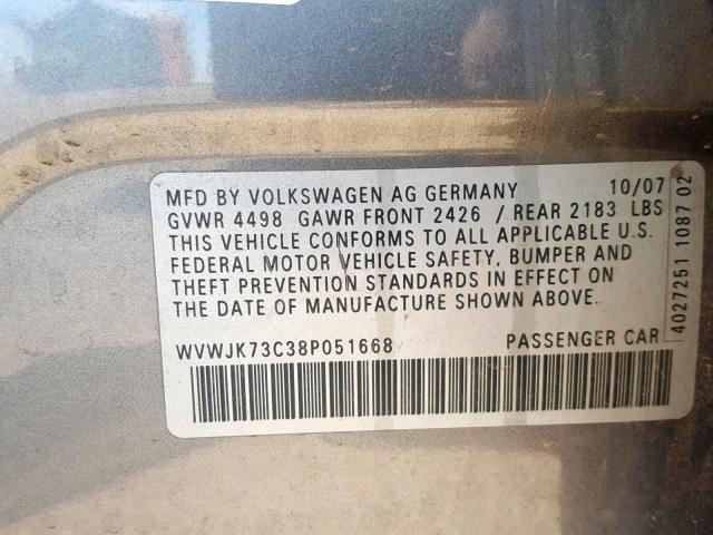 WVWJK73C38P051668 - 2008 VOLKSWAGEN PASSAT TUR GRAY photo 10