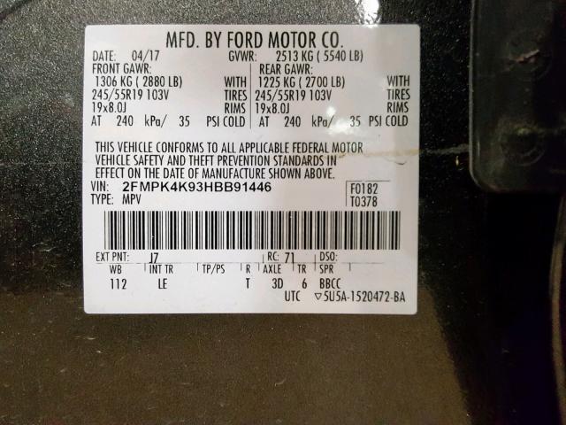 2FMPK4K93HBB91446 - 2017 FORD EDGE TITAN GRAY photo 10