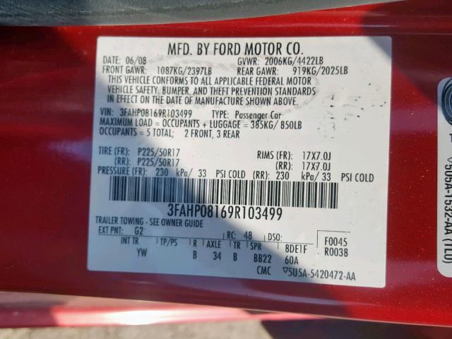 3FAHP08169R103499 - 2009 FORD FUSION SEL RED photo 10